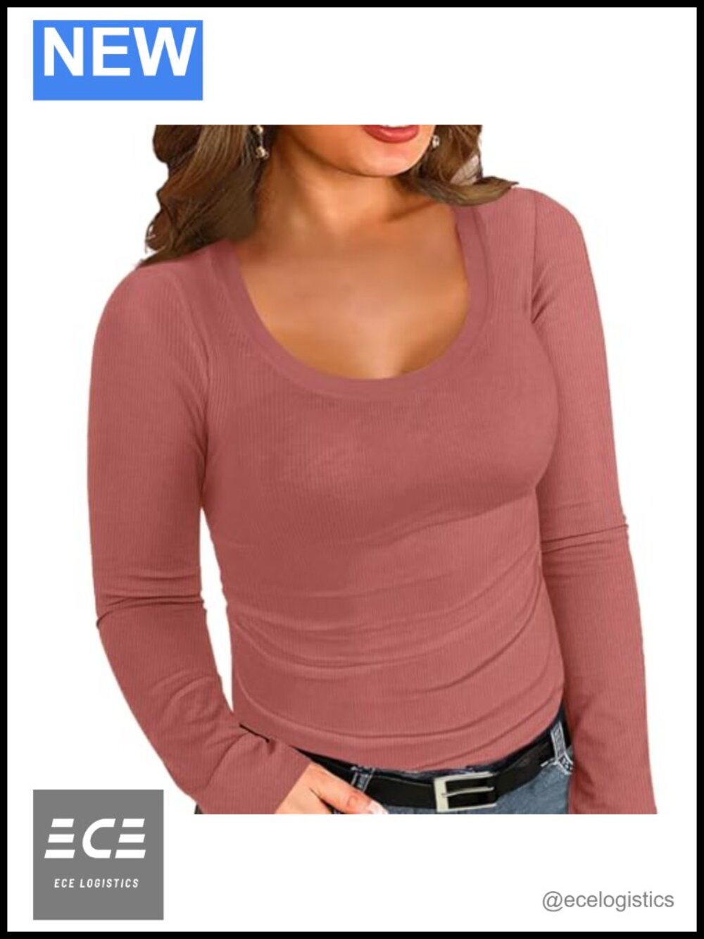 Plus Size Ribbed Long Sleeve Scoop Neck Fitted T-Shirt